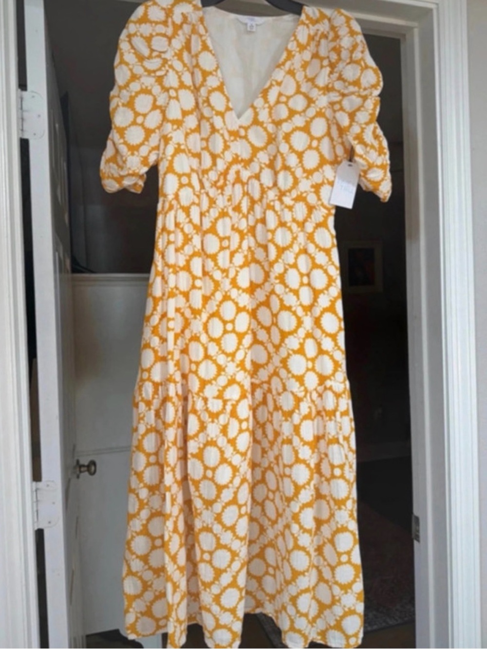 Time and Tru Yellow and White Floral V-Neck Midi Dress